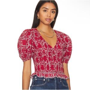 NWOT Cleobella Red Smocked Cropped Bella Top in Flora 100% Organic Size Small